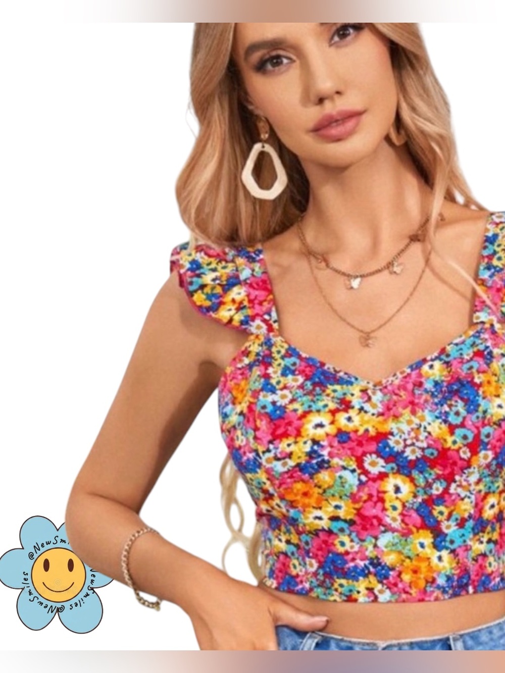 SHEIN ~ Floral Print ~ Tie ~ Backless Ruffle Flutter Sleeves ~ Crop Top